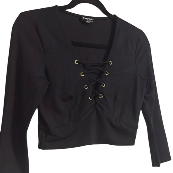 Bebe black tie front 3/4 sleeve crop top size M - Picture 2 of 4